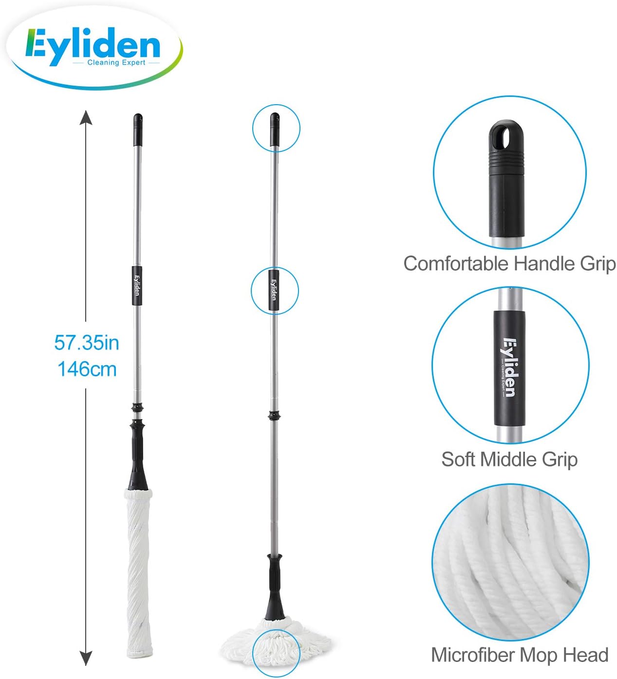 Eyliden Mop with 2 Reusable Heads for Great Floor Cleaning