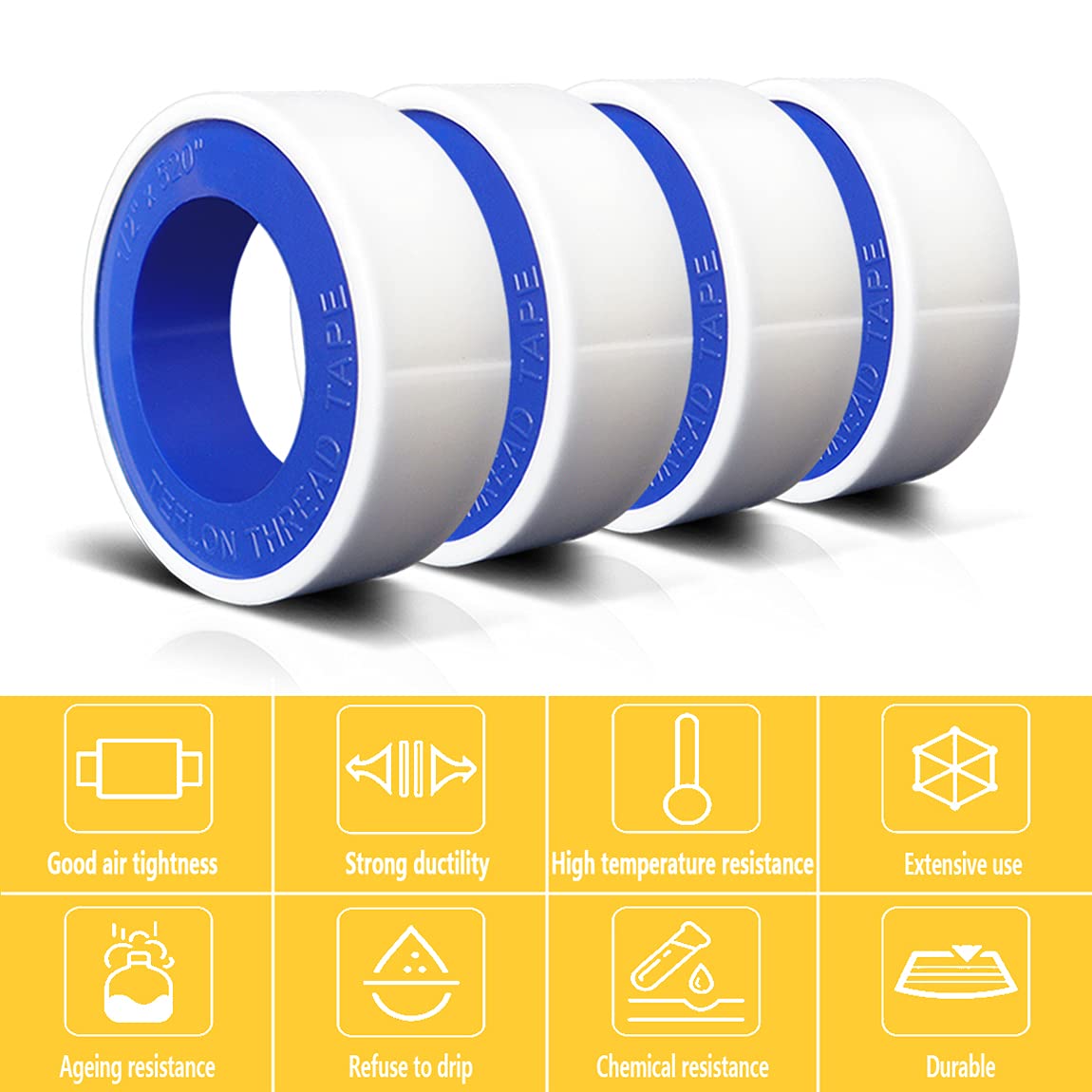 4-Roll Set of High-Quality Teflon Tape for Plumbing Sealing Tasks