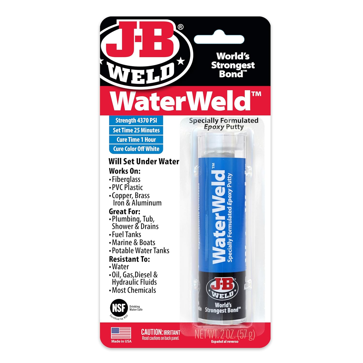 J-B Weld WaterWeld Epoxy Putty Stick 2 oz Off White Cures Underwater