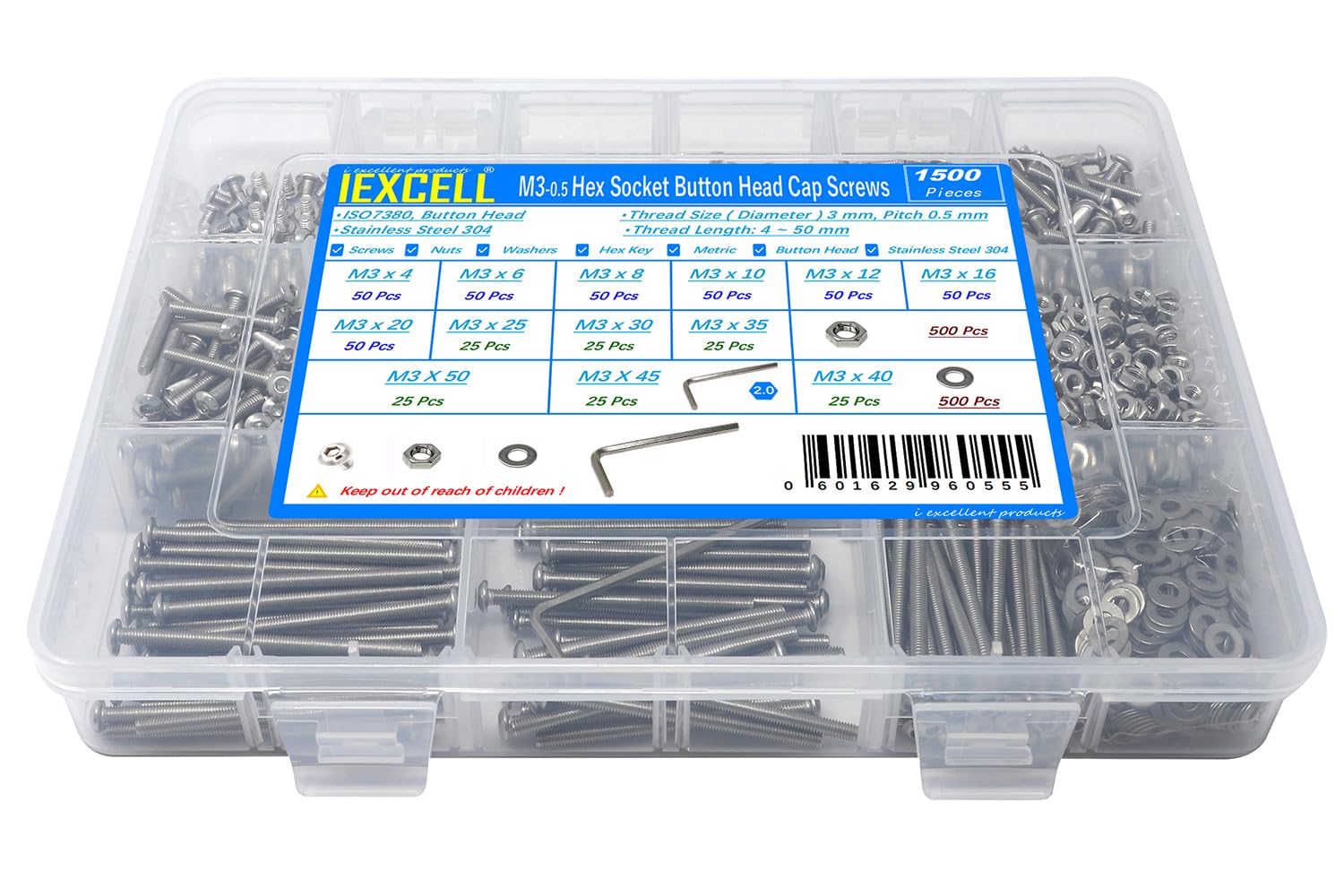 IEXCELL 1500 Pcs M3 Hex Screws Nuts Washers Kit for Industrial Use