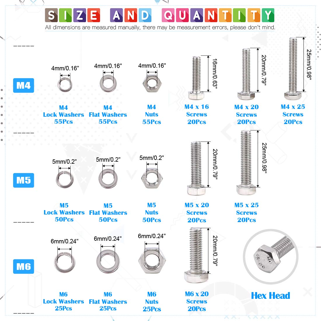 TotalGlarks 510 Piece Flat Hex Stainless Steel Assortment Kit