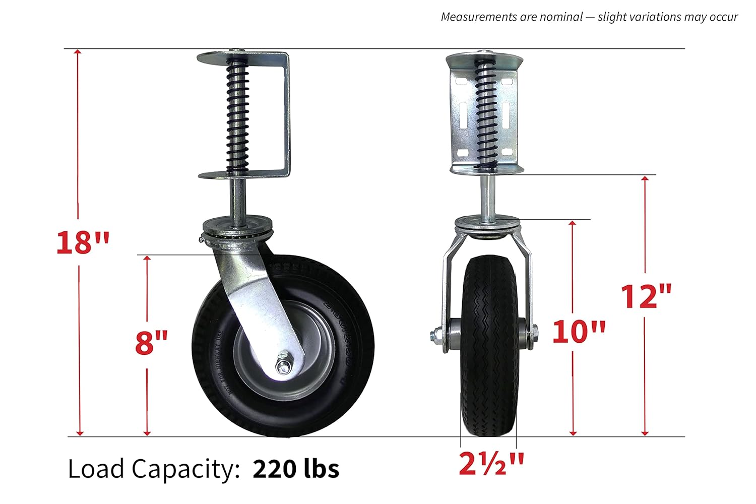Durable Heavy Duty Gate Caster 220-LB Load Capacity 8-Inch Wheels Black