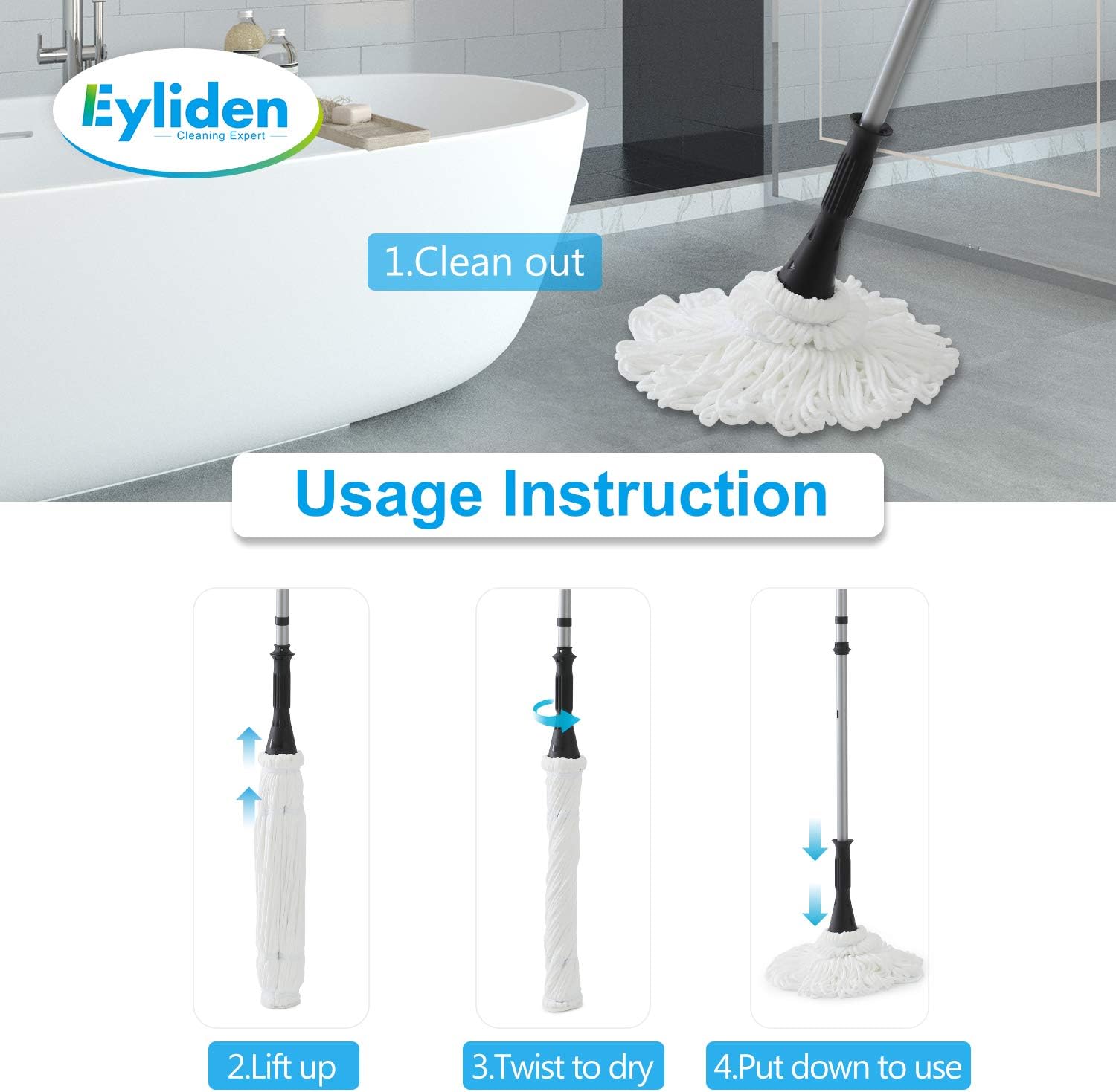 Eyliden Mop with 2 Reusable Heads for Great Floor Cleaning