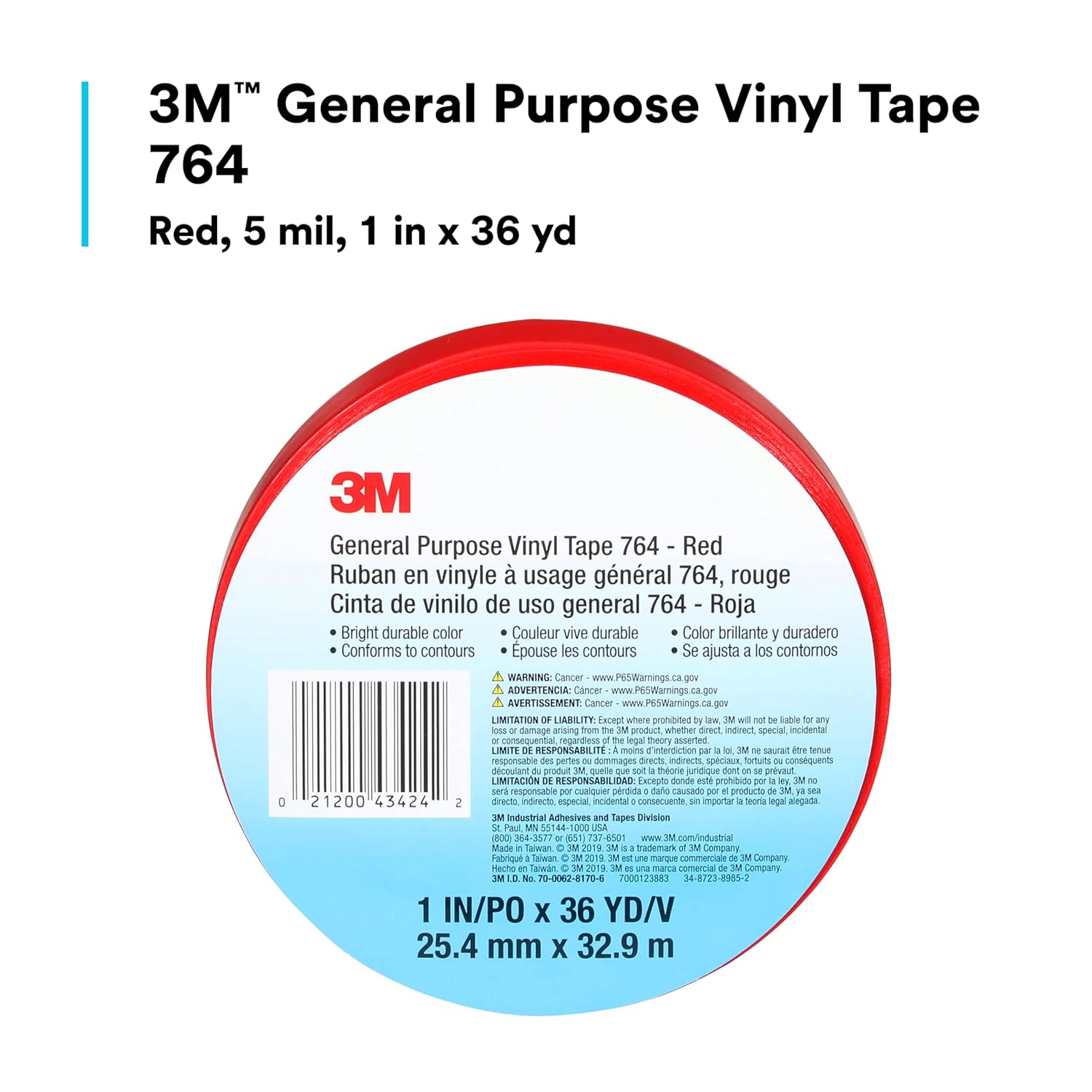 3M Safety Vinyl Tape 1 in x 36 yd Red - Social Distancing