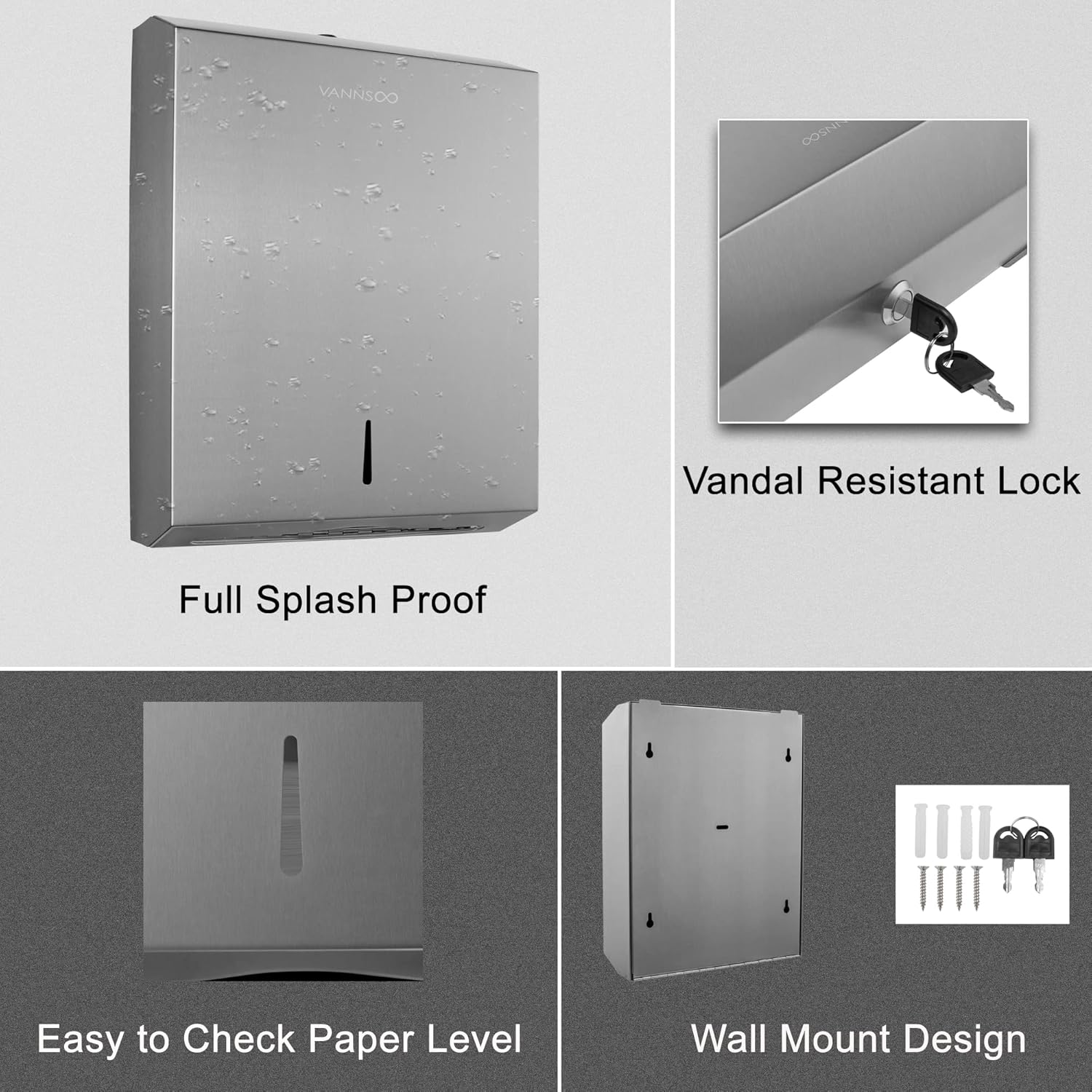 VANNSOO Tri-fold Stainless Steel Paper Towel Dispenser for Commercial Use