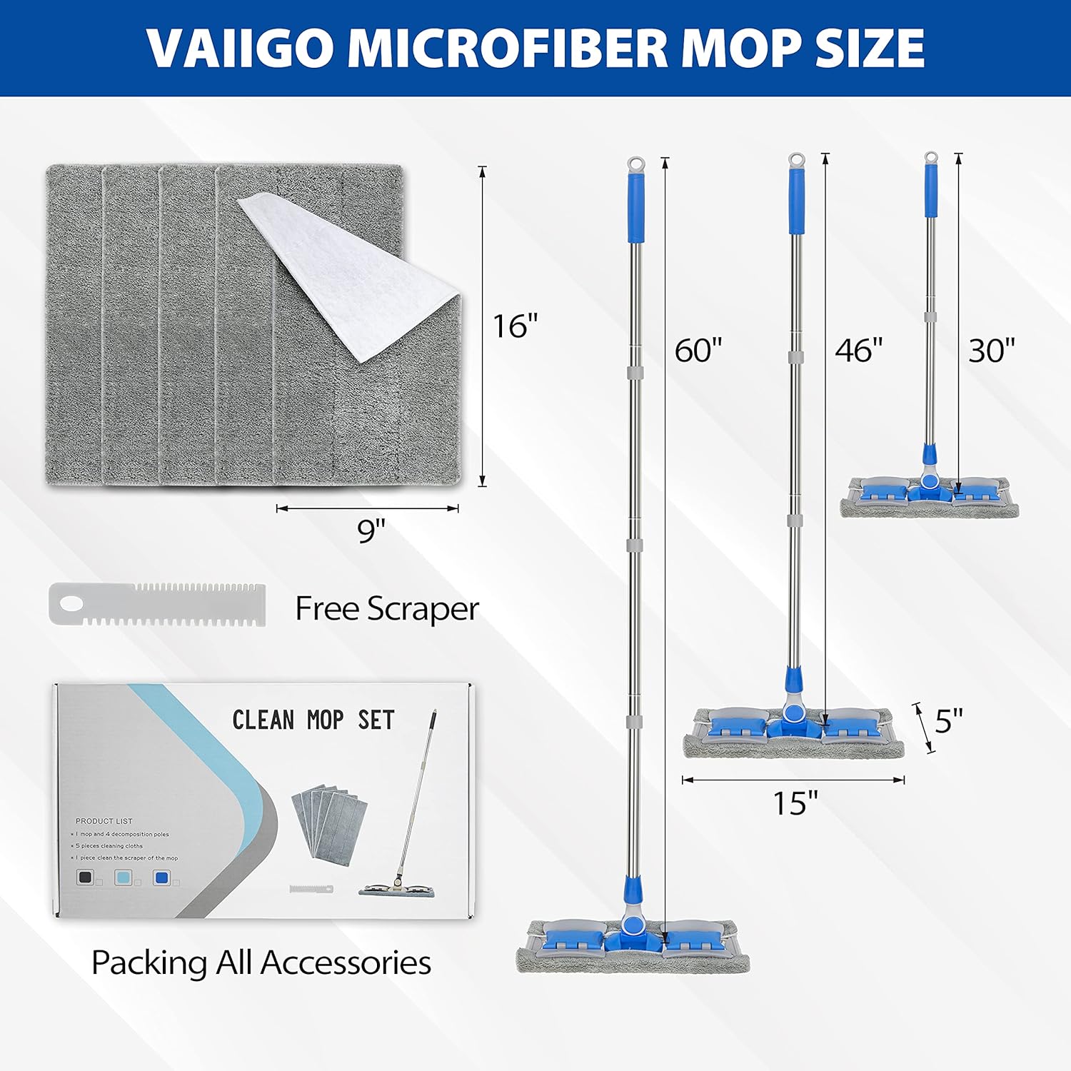Professional Smooth Hardwood Floor Mop with 5 Reusable Microfiber Pads
