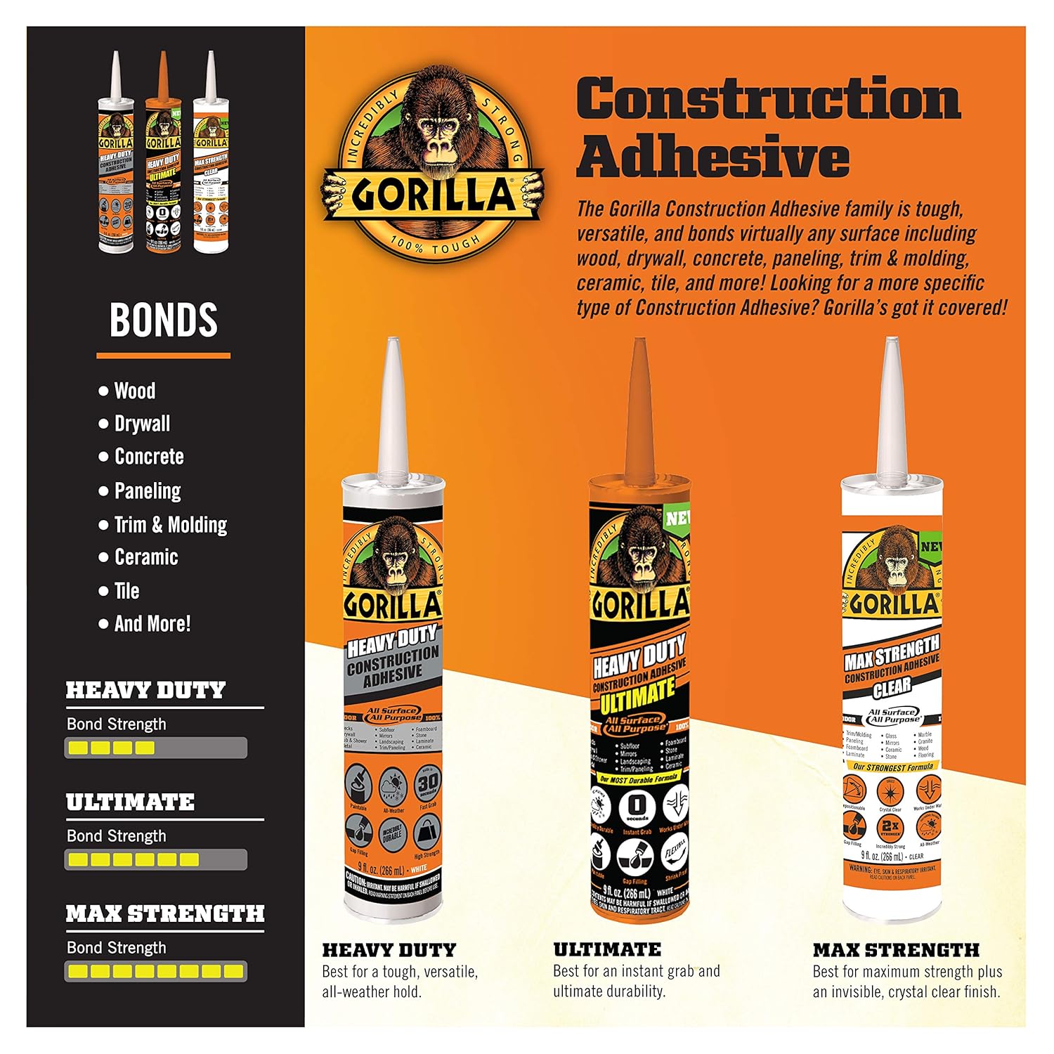 Gorilla Heavy-Duty Construction Adhesive 9-Ounce Pack of 1