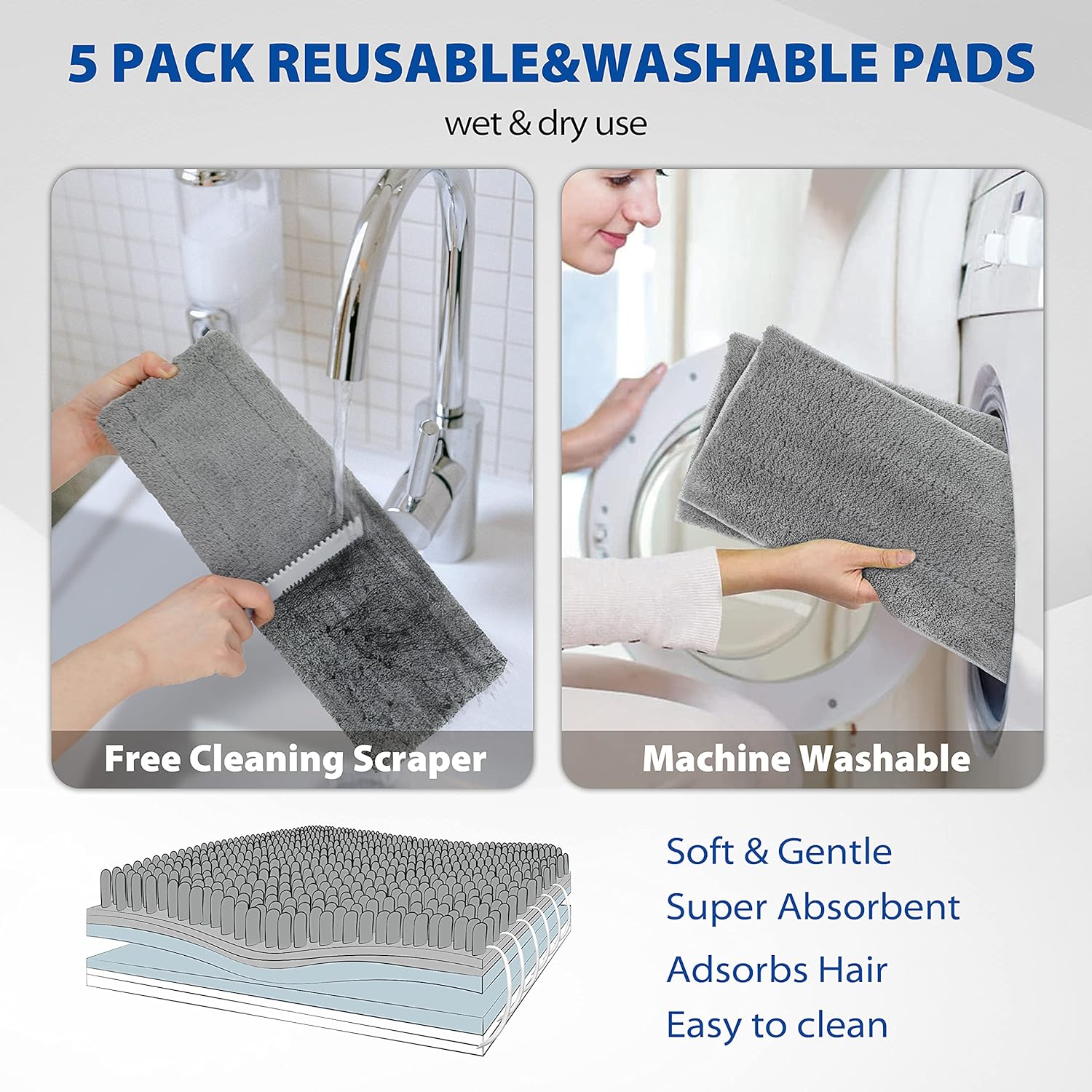 Professional Smooth Hardwood Floor Mop with 5 Reusable Microfiber Pads