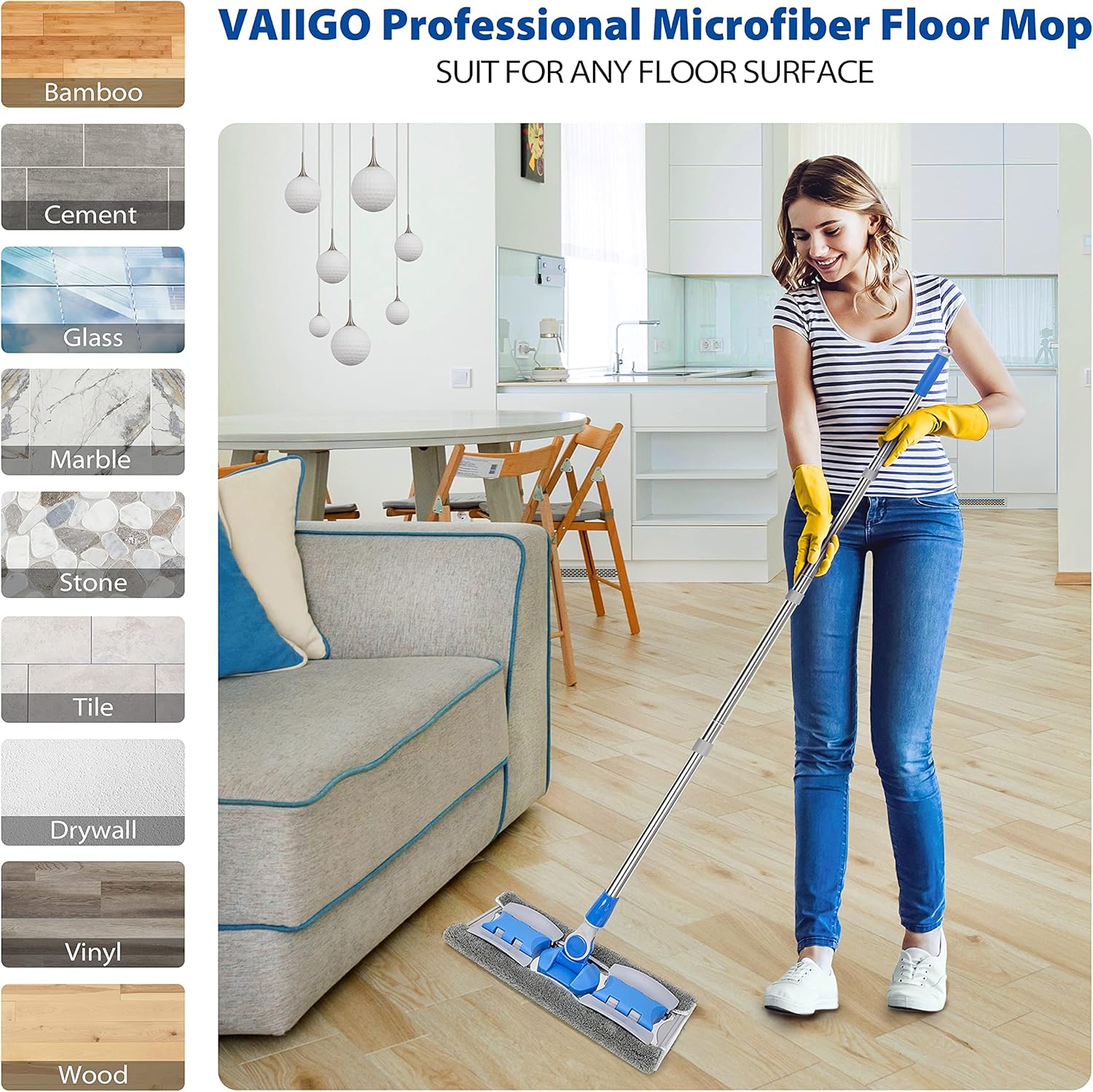 Professional Smooth Hardwood Floor Mop with 5 Reusable Microfiber Pads
